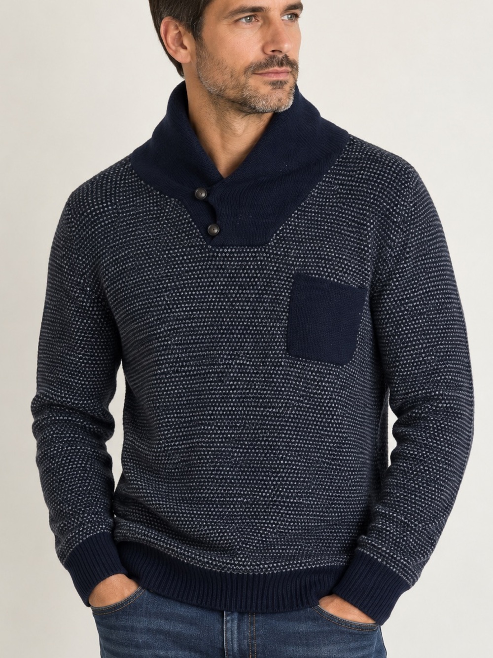 J.Crew Men’s Lambswool Shawl Collar Sweater XL Navy Gray